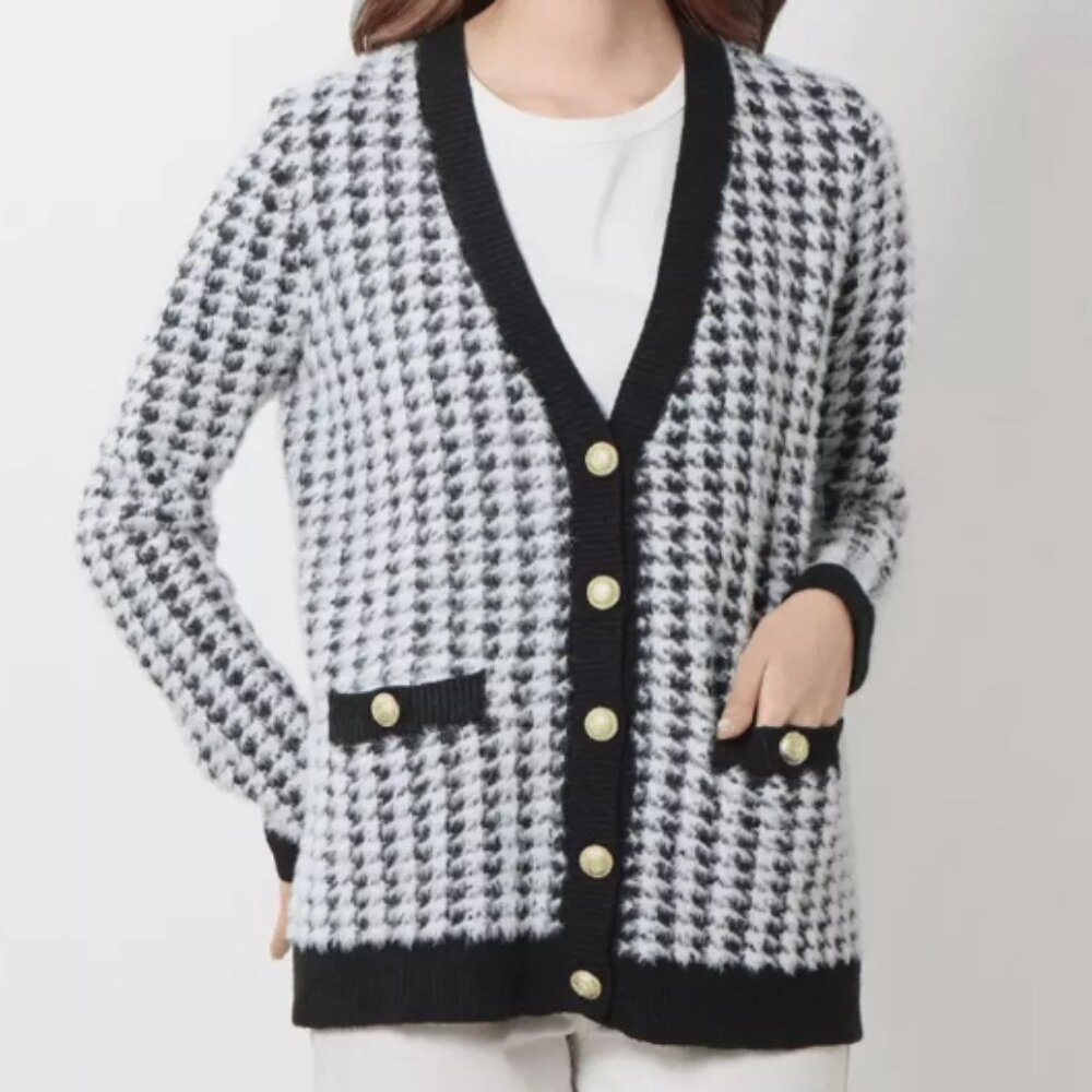 Tahari Eyelash Fringe Soft Houndstooth Cardigan Sweater Black/White Size Medium